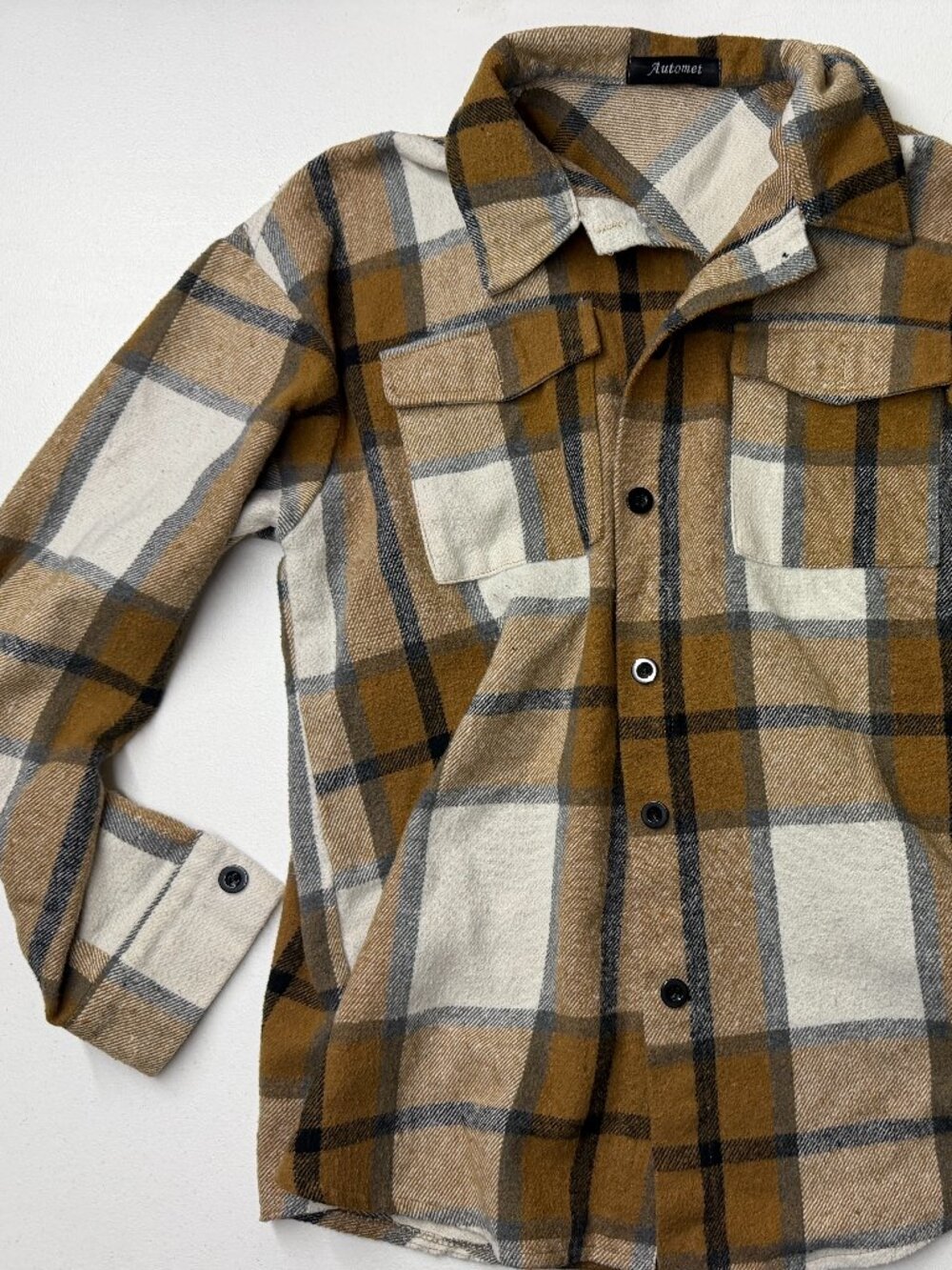 Automet Plaid Shacket Jacket Brown Cream Oversized Flannel Button Up